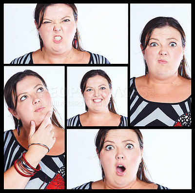 Buy stock photo Collage, face and woman with emotions in studio on white background for fun, personality and funny. Female person, isolated and facial expression with collection, portrait with and feelings for meme