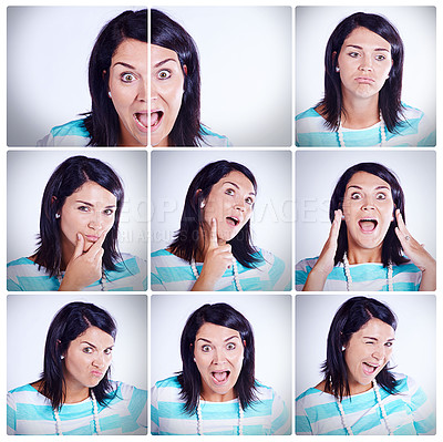 Buy stock photo Woman, composite and collage with facial expressions in studio with funny or joyful in portrait with happy. Emotions, comedy and sequence with sad for multiple shots with unhappy, surprised or shock 