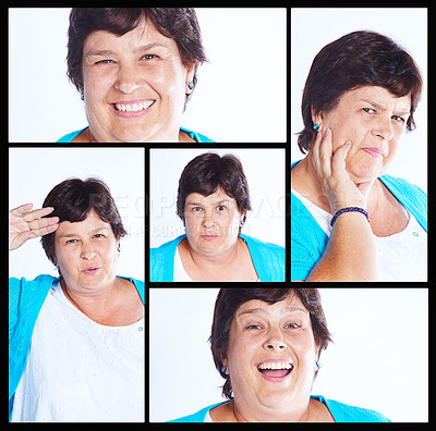 Buy stock photo Collage, woman and smile in portrait with expressions in studio background as cheerful for body positivity. Composite, female person and comedian as happy with face for comedy, humour and plus size
