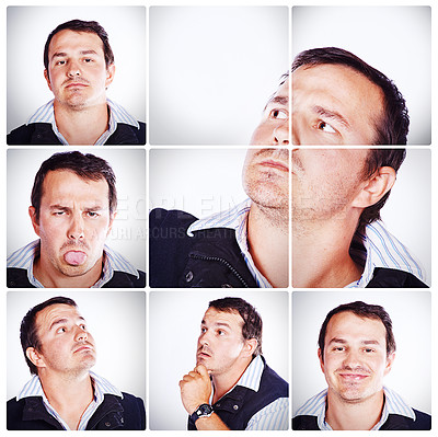 Buy stock photo Collage, man and portrait in studio with funny face, happiness and acting crazy. Composite, male person and isolated by white background with performance, meme comedy and happy smile for photography
