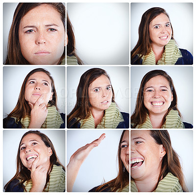 Buy stock photo Woman, facial expressions and composite with collage in studio with funny or joyful in portrait with happy. Emotions, comedy and sequence with closeup for multiple shots for photoshoot with passion