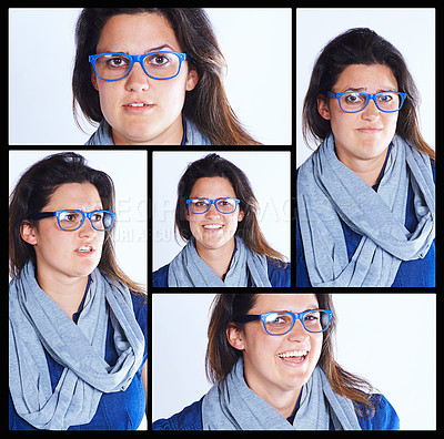 Buy stock photo Collage, glasses and girl with expressions in studio on white background for eyewear, eyesight and happy. Female person, isolated and emotions with collection, vision and portrait with specs frame