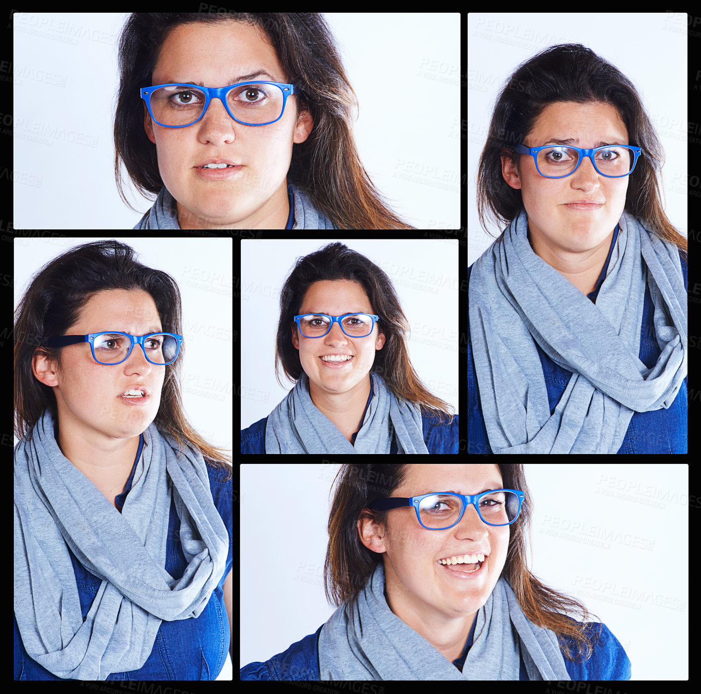 Buy stock photo Collage, glasses and girl with expressions in studio on white background for eyewear, eyesight and happy. Female person, isolated and emotions with collection, vision and portrait with specs frame