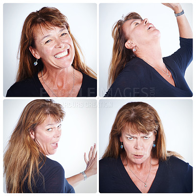 Buy stock photo Collage, woman and portrait with funny expression, happiness and crazy face in studio. Composite, female person and isolated by white background with comic emotions, comedy and joke for photography