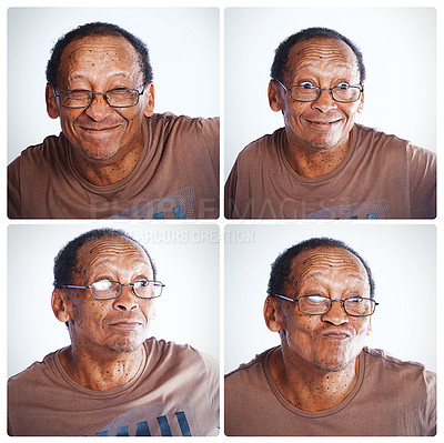 Buy stock photo Senior, man and collage with funny faces for comedy, humor or personality in montage. Elderly male person with smile or glasses in collection, frame or series of silly or goofy emotion or expressions