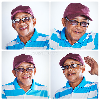 Buy stock photo Mature man, portrait and collage with faces in casual fashion, clothing or personality on montage. Male person with smile, cap or glasses in collection, frame or series of emotions or expressions