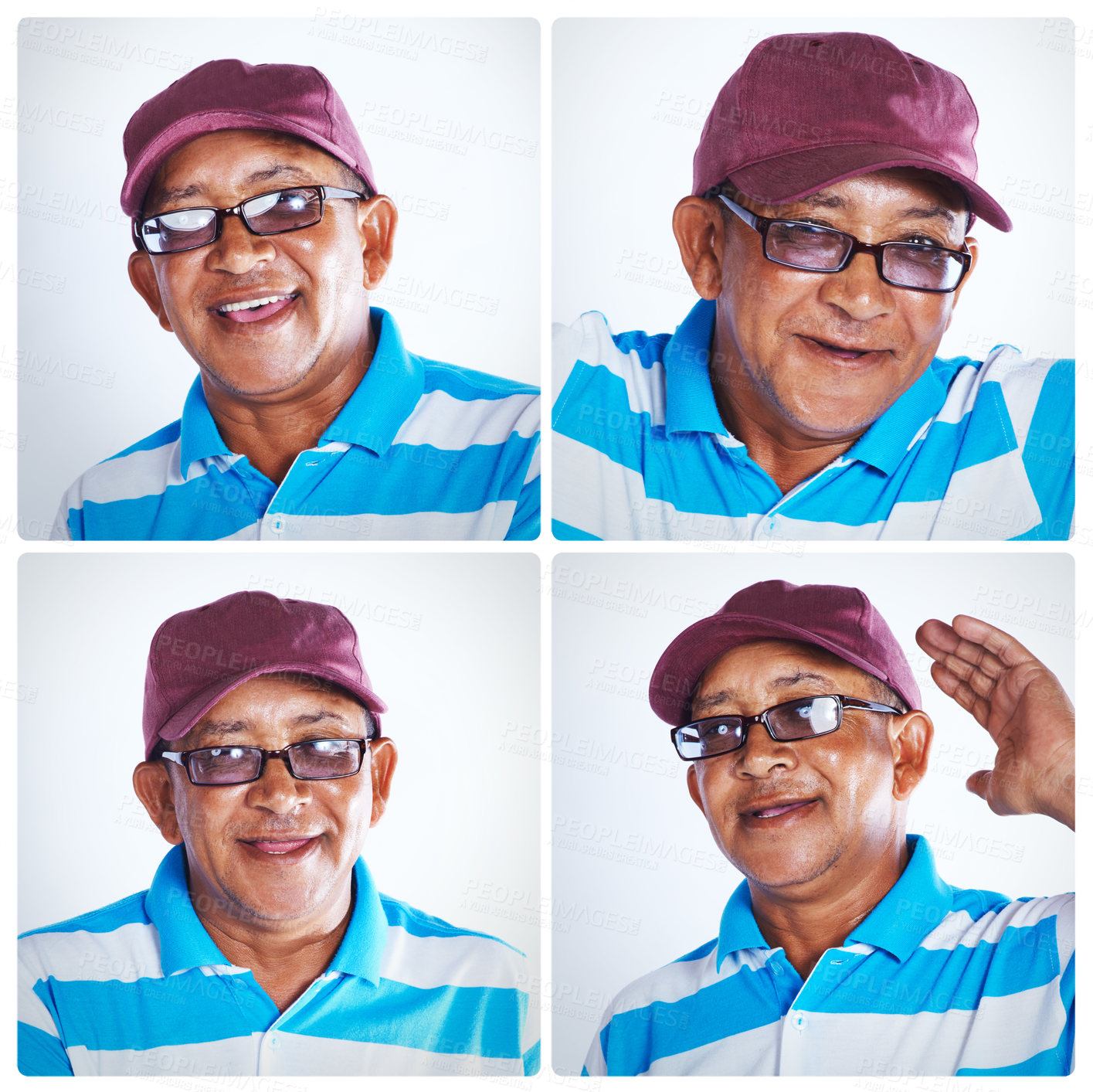 Buy stock photo Mature man, portrait and collage with faces in casual fashion, clothing or personality on montage. Male person with smile, cap or glasses in collection, frame or series of emotions or expressions