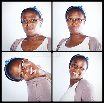 Buy stock photo Black woman, portrait and collage with funny faces, expressions or humor for comedy in montage. Young African, female person with personality in collection, frame or series of silly or goofy emotions