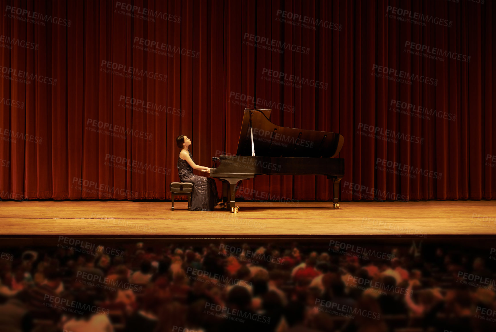 Buy stock photo Classical, concert and woman with piano on a stage for performance, entertainment and talent show. Musician, creative artist and person playing instrument for melody, music and symphony for audience