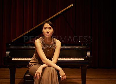 Buy stock photo Stage, concert and portrait of Asian woman with piano for performance, entertainment and talent show. Musician, creative artist and person with instrument for melody, classical music and symphony