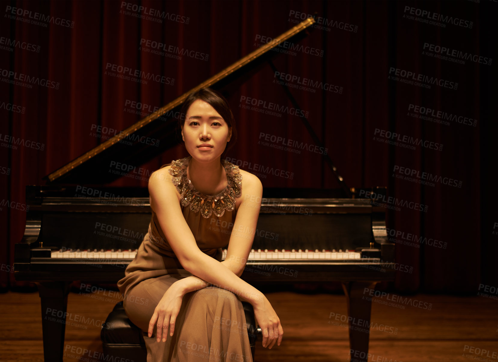 Buy stock photo Stage, concert and portrait of Asian woman with piano for performance, entertainment and talent show. Musician, creative artist and person with instrument for melody, classical music and symphony