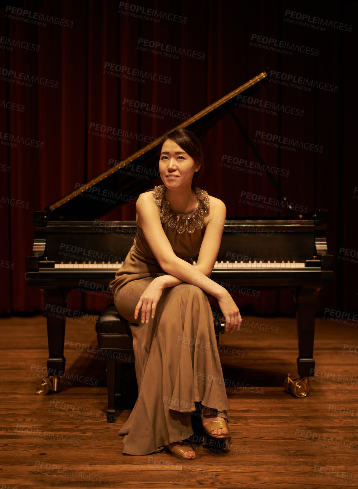 Buy stock photo Stage, concert and portrait of woman with piano for performance, entertainment and talent show. Musician, creative artist and Asian person with instrument for melody, classical music and symphony