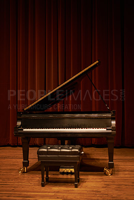 Buy stock photo Piano, theatre and musical instrument for classic or jazz music ready for a concert or performance. Keys, curtain and isolated in a grand hall for solo or ensemble band recital with stage and chair