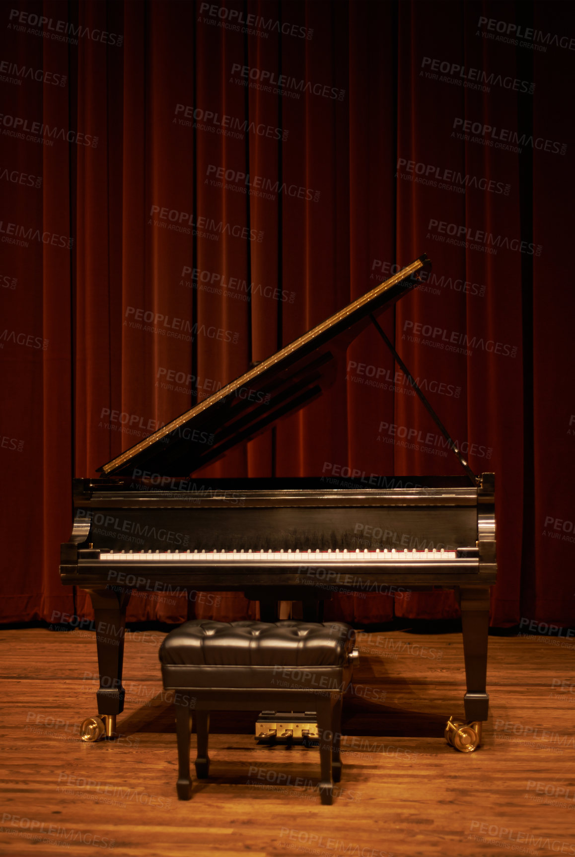 Buy stock photo Piano, theatre and musical instrument for classic or jazz music ready for a concert or performance. Keys, curtain and isolated in a grand hall for solo or ensemble band recital with stage and chair