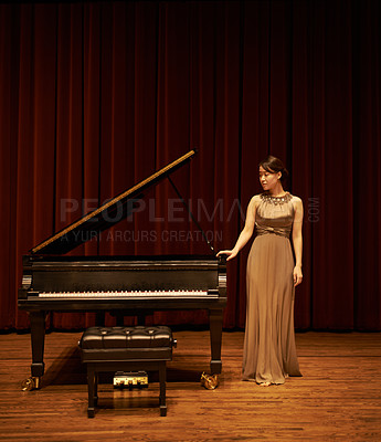 Buy stock photo Piano, art theatre and Asian woman musician with concert music ready for performance with confidence. Thinking, curtain and musical with solo on stage in with pianist, instrument and fancy dress