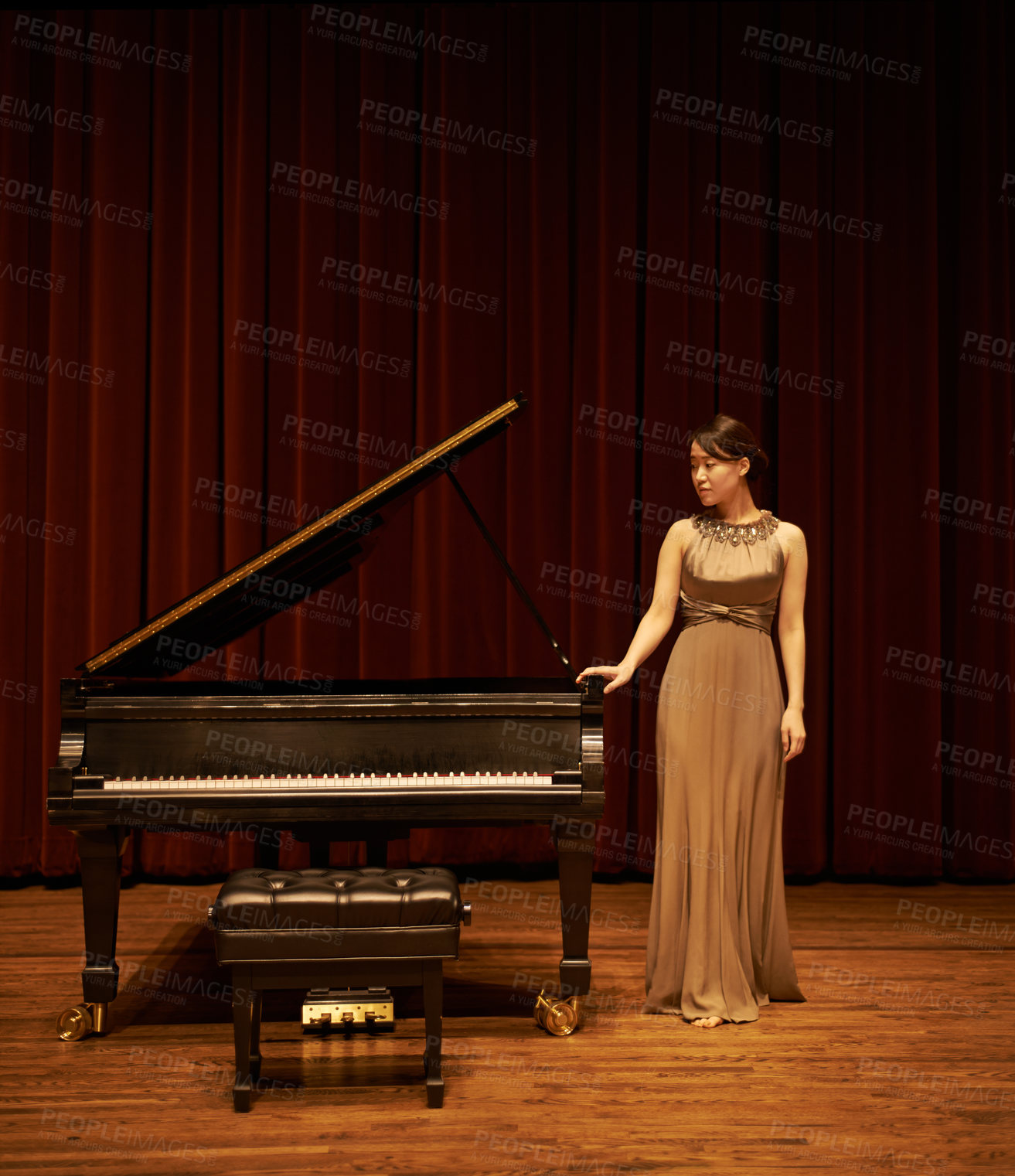 Buy stock photo Piano, art theatre and Asian woman musician with concert music ready for performance with confidence. Thinking, curtain and musical with solo on stage in with pianist, instrument and fancy dress