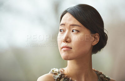 Buy stock photo Face, thinking and Asian woman with elegant fashion, mockup and glamour on blurred background space. Inspiration, confidence and Japanese girl with insight, reflection and classy style with ideas