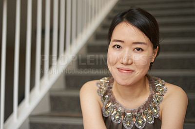 Buy stock photo Asian woman, portrait and fashion designer on stairs in office for company, entrepreneur and luxury style. Person, steps and startup for design, pride and career opportunity for creative employee