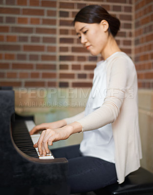 Buy stock photo Piano, musician or Asian woman in home for music training for an artistic classical performance for peace. Creative lady, talent or female person playing song for learning practice routine in studio