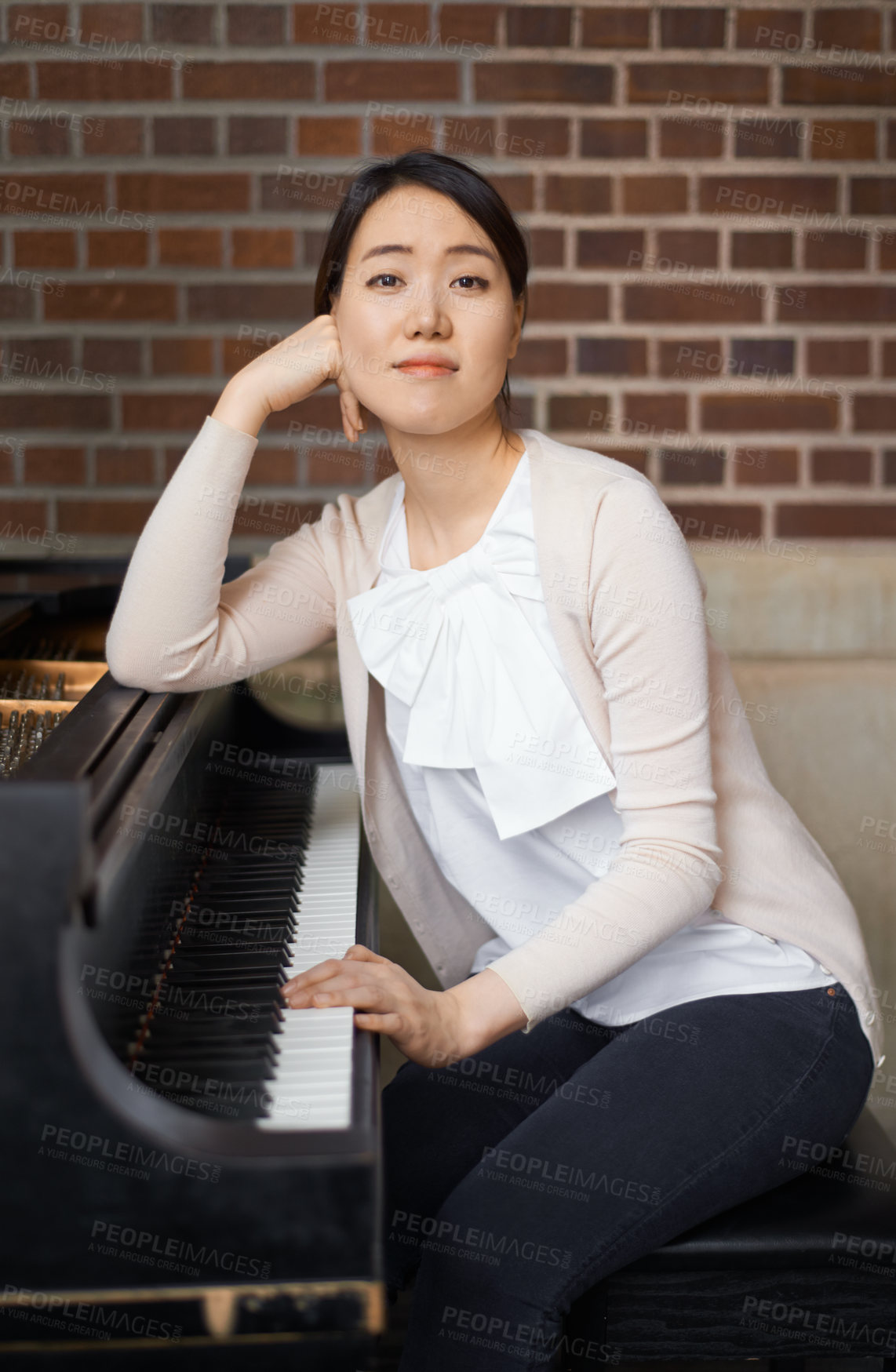 Buy stock photo Asian woman, portrait and musician with piano or confidence for career, music or art with instrument. Female person, musical teacher or acoustic pianist with pride for sound talent, skill or ambition