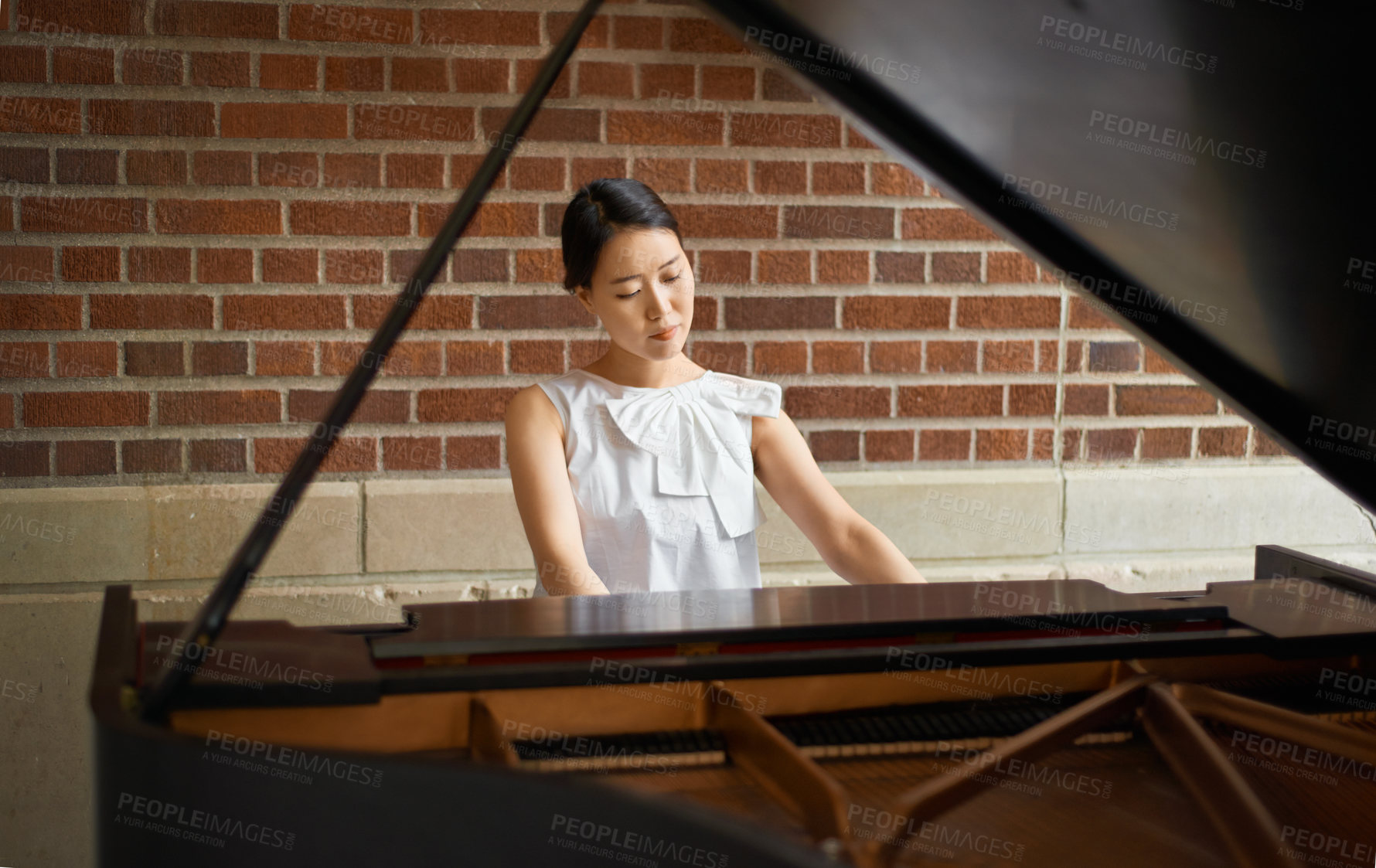 Buy stock photo Piano, musician or Asian woman in a house for music training in an artistic classical performance. Creative lady, relax and female person playing a song, learning jazz or practice routine in Japan