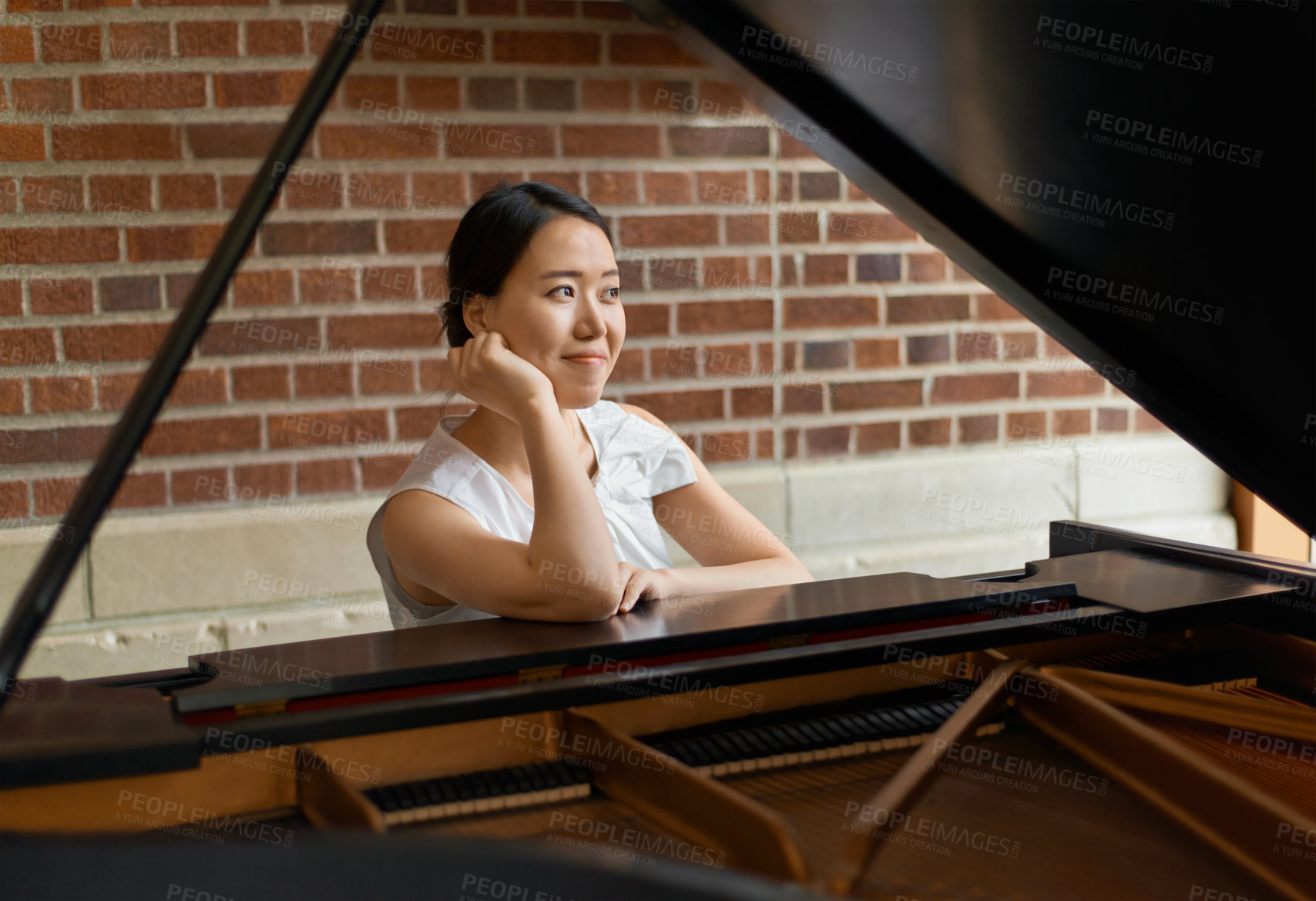 Buy stock photo Asian woman, musician and thinking with piano for career, art or music with instrument. Female person, musical pianist or acoustic player in wonder, thought or ambition for sound, talent or skill