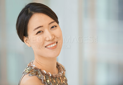 Buy stock photo Asian woman, portrait and pride for startup company in office, entrepreneur and designer. Female person, happy and businessperson for plan, confidence and career opportunity for creative employee