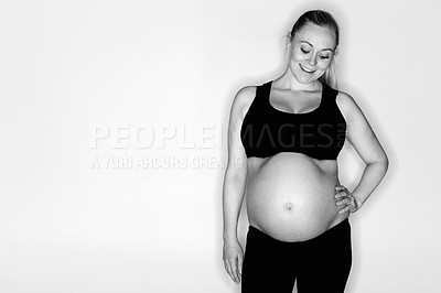 Buy stock photo Waiting for the baby - Pregnant woman isolated against white background