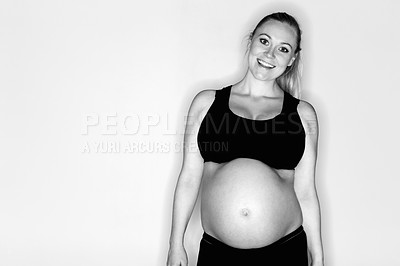 Buy stock photo Isolated pregnant woman is prepared for maternity - copyspace