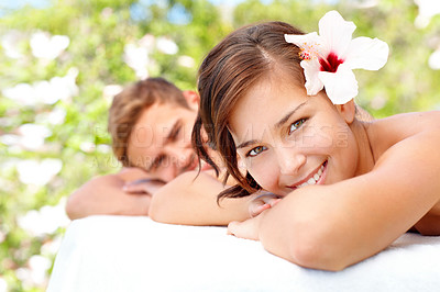 Buy stock photo Beautiful young woman enjoying a spa day with her partner