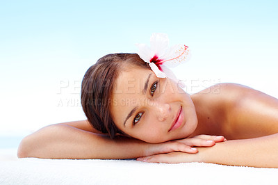 Buy stock photo Pretty girl lying relaxing with a smile