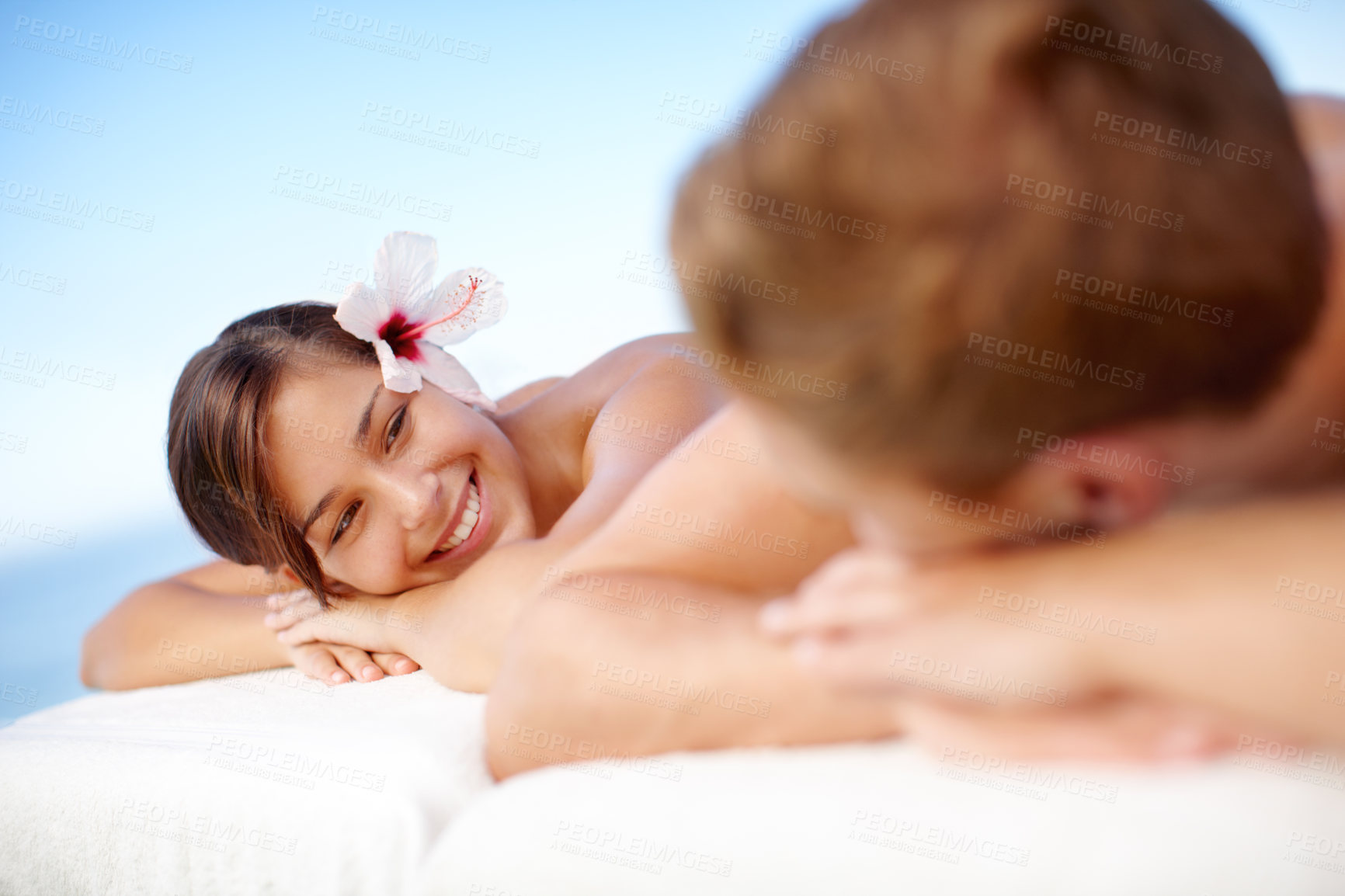 Buy stock photo Couple, outdoor or happy woman in hotel to relax with smile and love or peace on holiday vacation. Honeymoon, date or people in spa resort for beauty, rest or stress relief together on anniversary