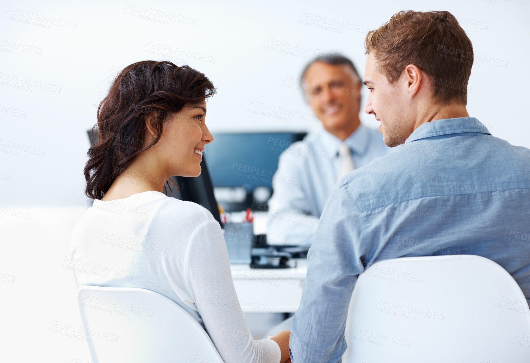 Buy stock photo Happy couple, broker and discussion in office for meeting, investment and asset management. Woman, man and professional at agency for mortgage, agreement or consultation as financial advisor at work