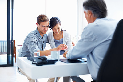 Buy stock photo Happy couple, broker and paperwork in office for consultation, investment and financial advisor. Woman, man and consultant for insurance agency with cover, agreement and mortgage for wealth planning