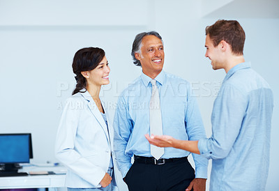 Buy stock photo Portrait of business man and woman listening to colleague in office