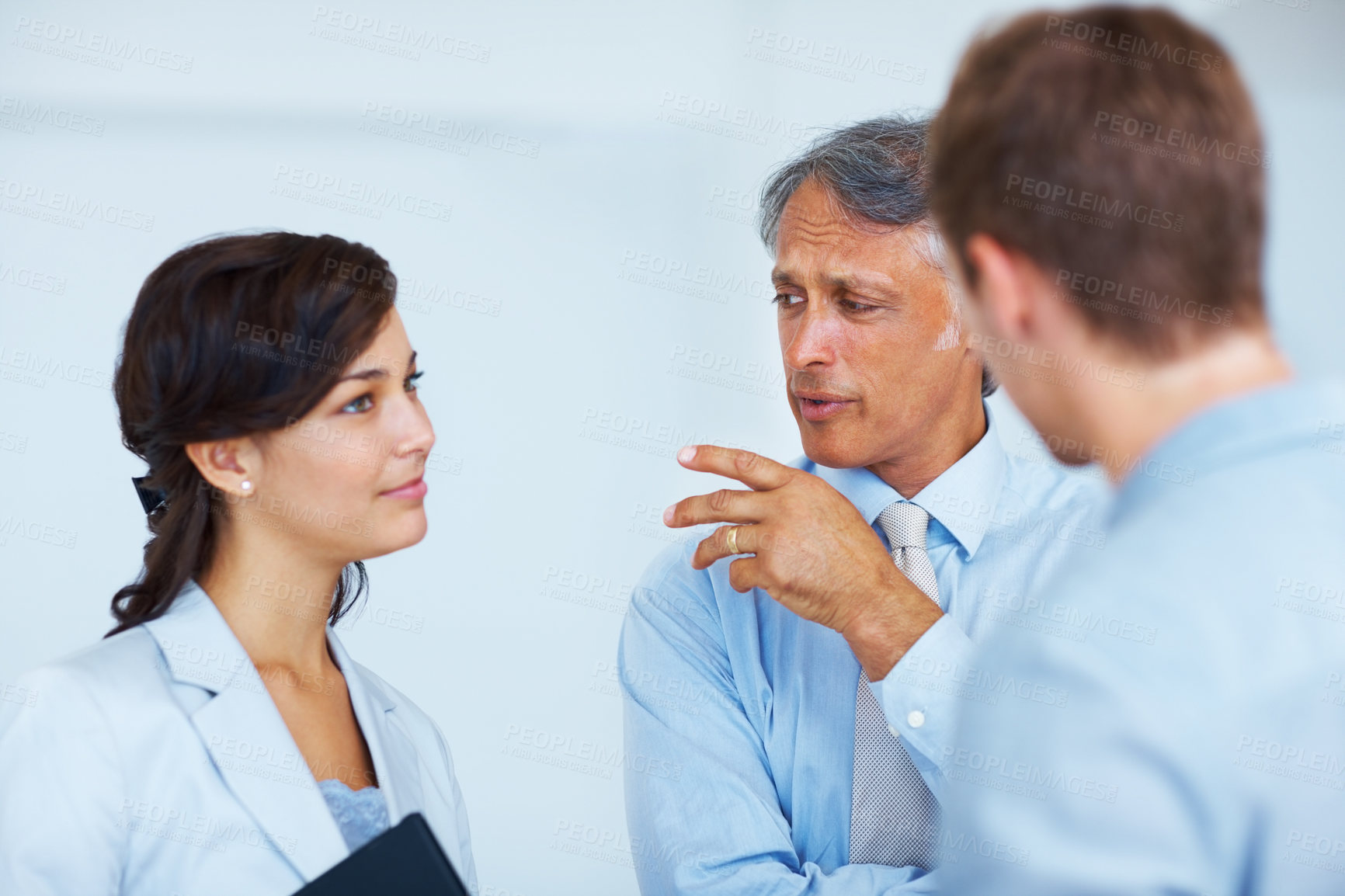 Buy stock photo Business people, planning and team talking in office, support and solidarity in staff. Employees, manager and cooperation in workplace for unity, communication and together at coworking company