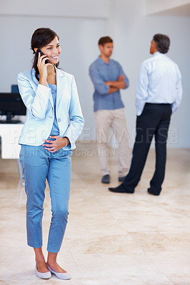 Buy stock photo Business, woman and conversation with phone call in office for deal negotiation, investment opportunity and sale. Commercial real estate agent, customers and property management, listing and leasing.