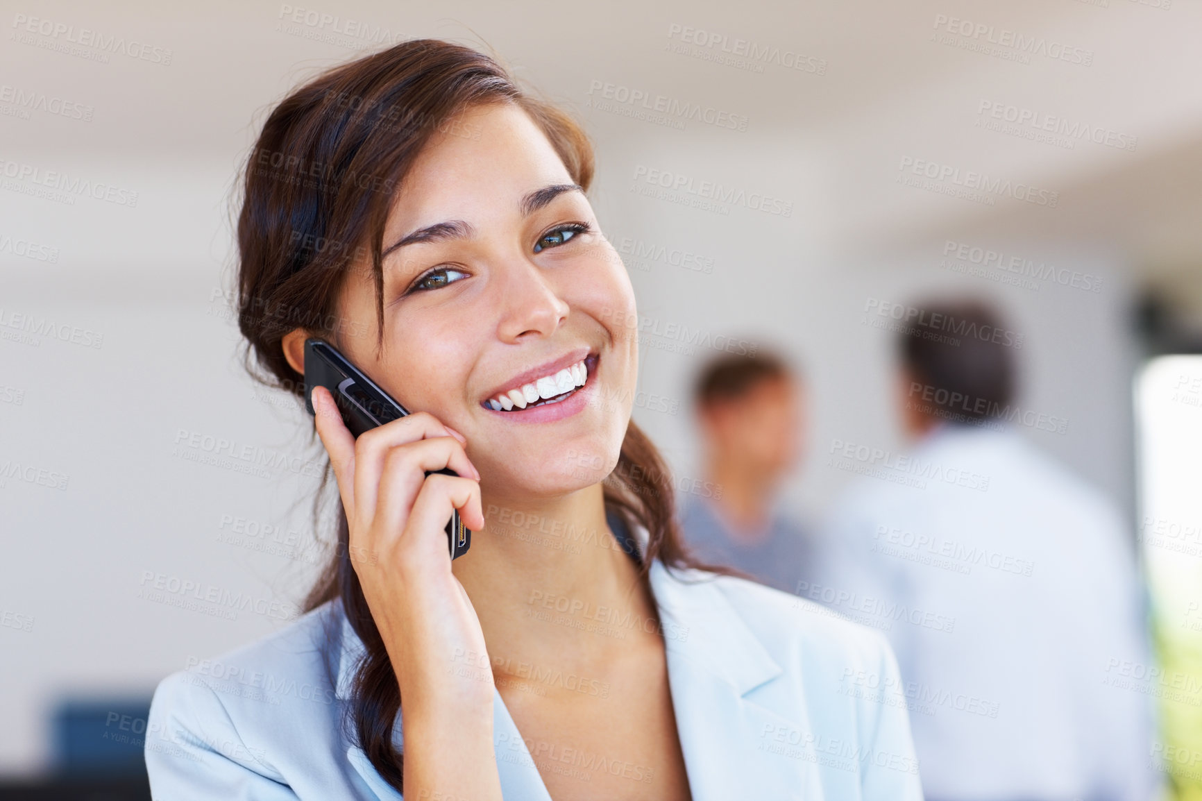 Buy stock photo Portrait, happy woman and phone call in office for listening, hearing and networking with contact. Business secretary, mobile and calling with client for planning, talking and schedule appointment