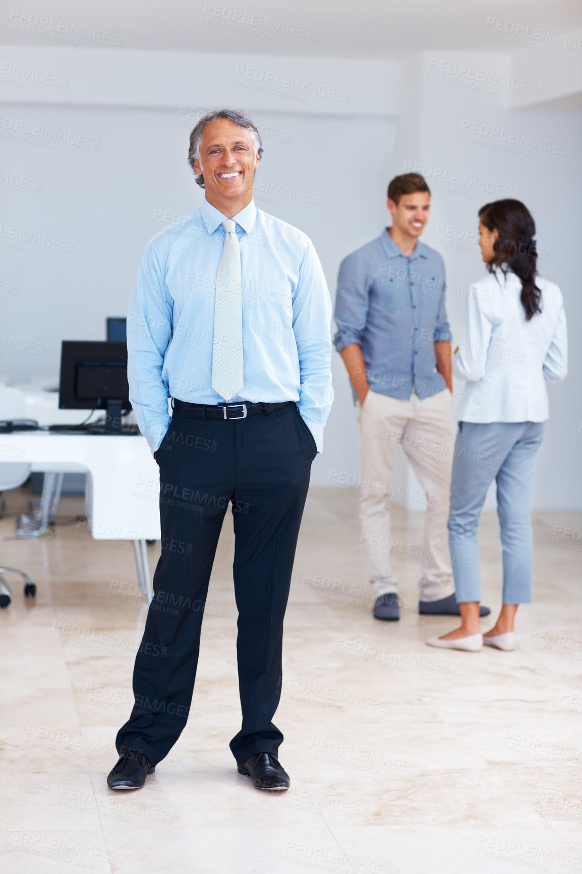 Buy stock photo Confident, mature and man with portrait in office for ambition, corporate and experience as finance consultant. Professional, male manager and hands in pocket for pride, opportunity and development