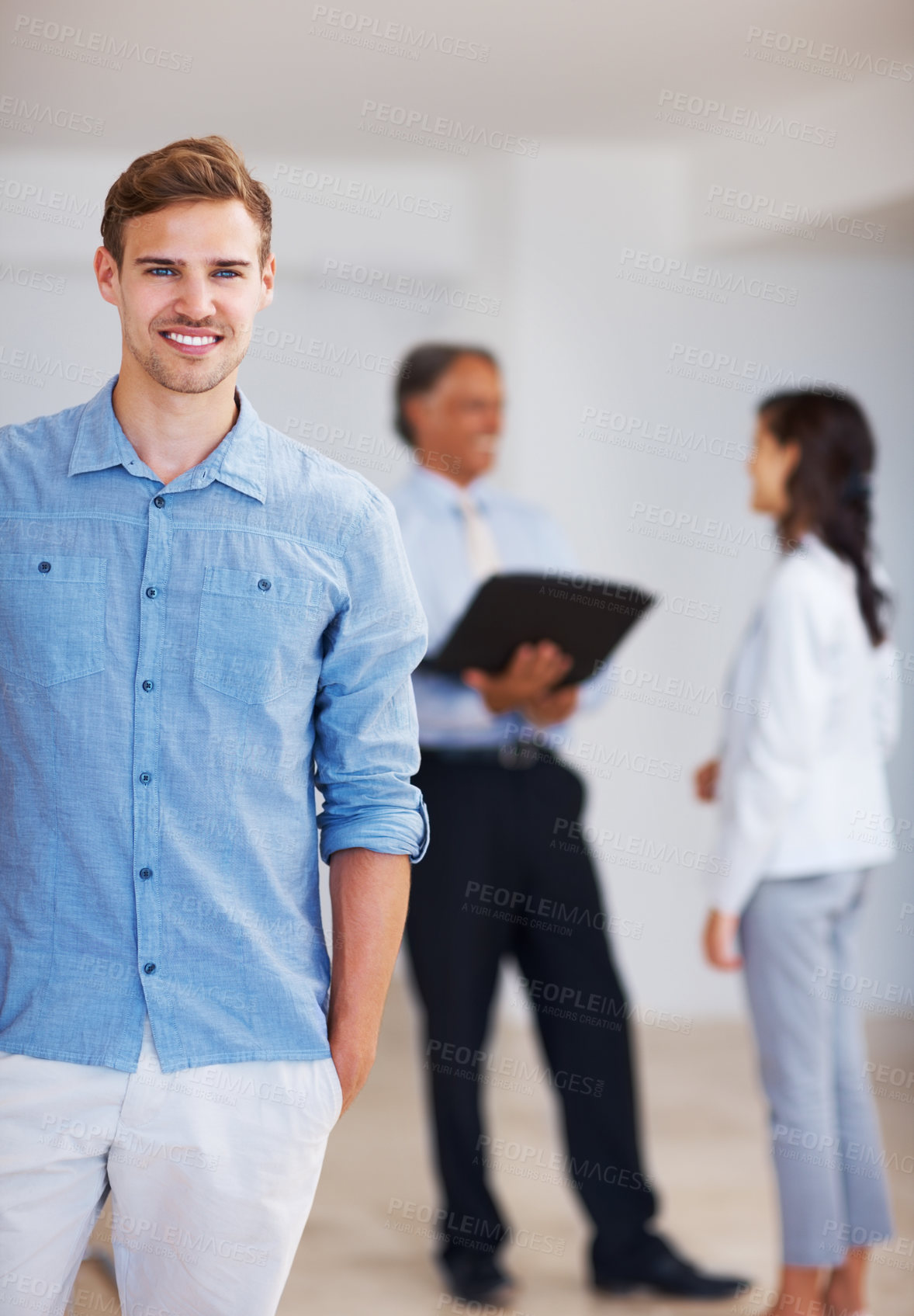 Buy stock photo Confident, business and man with portrait in office for ambition, corporate and experience as finance consultant. Professional, male person and hands in pocket for pride, opportunity and development