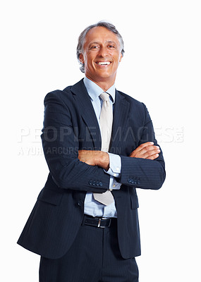 Buy stock photo Portrait, mature businessman with arms crossed in studio for leadership, trust and management. Senior CEO, boss and pride for corporate career, professional and executive manager by white background