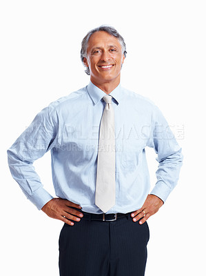 Buy stock photo Portrait smile, mature businessman with leadership, confidence and trust for management in studio. Male CEO, happy boss and pride for experience, corporate and executive manager by white background