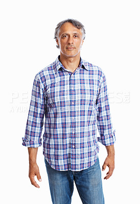 Buy stock photo Portrait of mature business man standing over white background