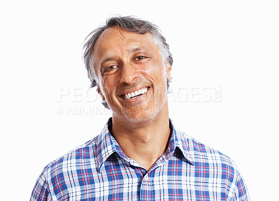 Buy stock photo Pride, portrait and mature man in studio with confidence for creative career in writing. Smile, face and professional male author from Brazil with happiness and positive attitude by white background.