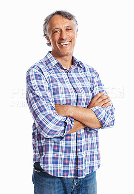 Buy stock photo Crossed arms, portrait and mature man in studio with confidence for creative career in writing. Smile, face and happy male author from Brazil with pride for publishing license by white background.