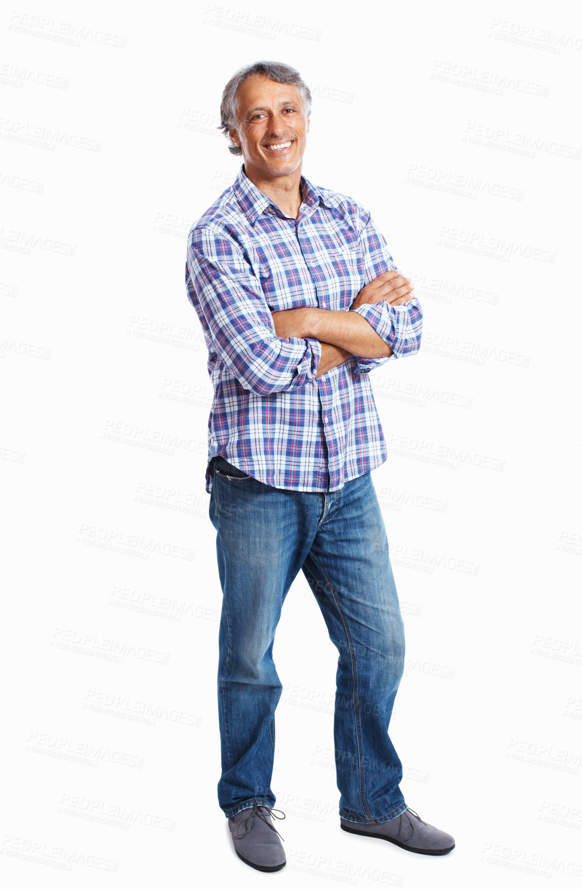 Buy stock photo Portrait, arms crossed and mature business man in studio isolated on white background space. Smile, confident manager or creative professional entrepreneur, copywriter or boss with job pride in Spain