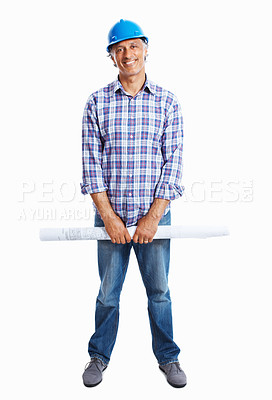 Buy stock photo Full length of smiling architect holding blueprint over white background