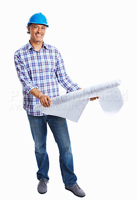 Buy stock photo Full length of mature architect smiling with blueprint over white background