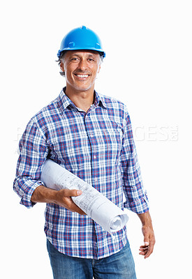 Buy stock photo Portrait of mature construction worker with helmet and blueprints