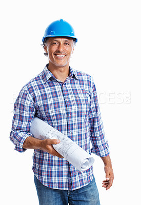 Buy stock photo Portrait, engineer and happy man in helmet with blueprint for building floor plan. Smile, mature architect or construction manager and builder with design document isolated on white studio background